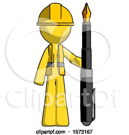 Yellow Construction Worker Contractor Man Holding Giant Calligraphy Pen by Leo Blanchette