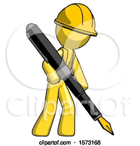 Yellow Construction Worker Contractor Man Drawing or Writing with Large Calligraphy Pen by Leo Blanchette