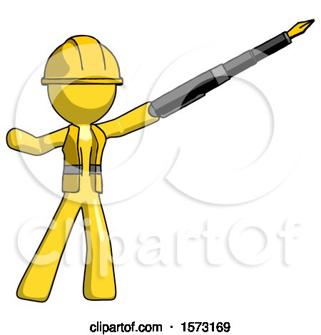 Yellow Construction Worker Contractor Man Pen Is Mightier Than the Sword Calligraphy Pose by Leo Blanchette