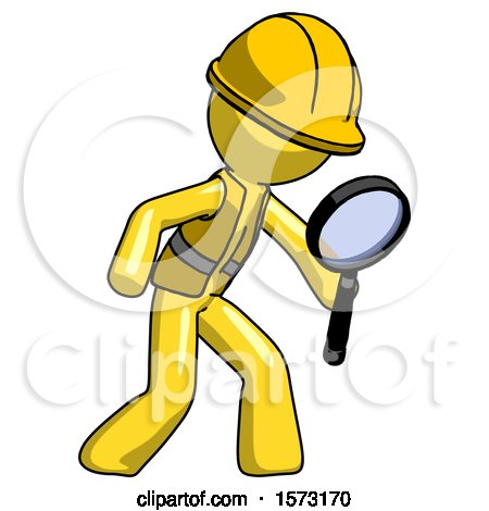 Yellow Construction Worker Contractor Man Inspecting with Large Magnifying Glass Right by Leo Blanchette