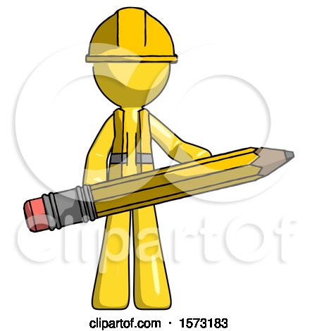 Yellow Construction Worker Contractor Man Writer or Blogger Holding Large Pencil by Leo Blanchette