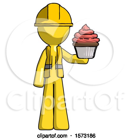 Yellow Construction Worker Contractor Man Presenting Pink Cupcake to Viewer by Leo Blanchette