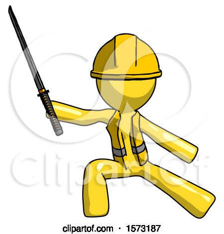 Yellow Construction Worker Contractor Man with Ninja Sword Katana in Defense Pose by Leo Blanchette