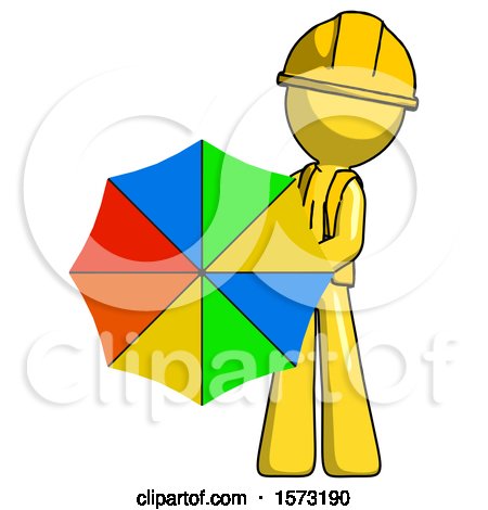 Yellow Construction Worker Contractor Man Holding Rainbow Umbrella out to Viewer by Leo Blanchette