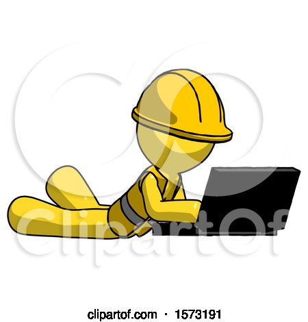 Yellow Construction Worker Contractor Man Using Laptop Computer While Lying on Floor Side Angled View by Leo Blanchette