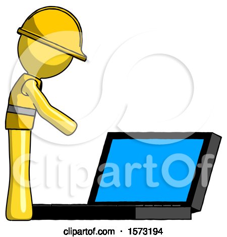 Yellow Construction Worker Contractor Man Using Large Laptop Computer Side Orthographic View by Leo Blanchette