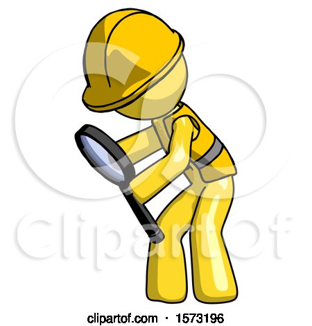 Yellow Construction Worker Contractor Man Inspecting with Large Magnifying Glass Left by Leo Blanchette
