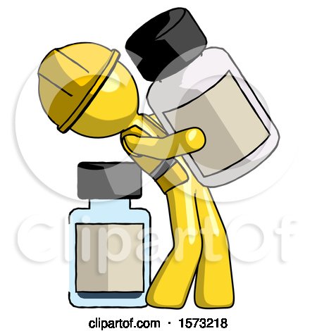 Yellow Construction Worker Contractor Man Holding Large White Medicine Bottle with Bottle in Background by Leo Blanchette