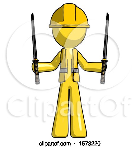 Yellow Construction Worker Contractor Man Posing with Two Ninja Sword Katanas up by Leo Blanchette