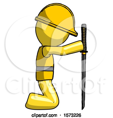 Yellow Construction Worker Contractor Man Kneeling with Ninja Sword Katana Showing Respect by Leo Blanchette