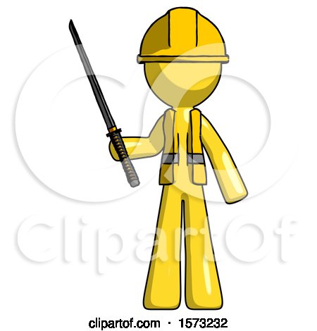 Yellow Construction Worker Contractor Man Standing up with Ninja Sword Katana by Leo Blanchette
