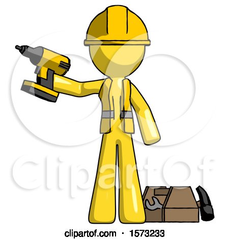 Yellow Construction Worker Contractor Man Holding Drill Ready to Work, Toolchest and Tools to Right by Leo Blanchette