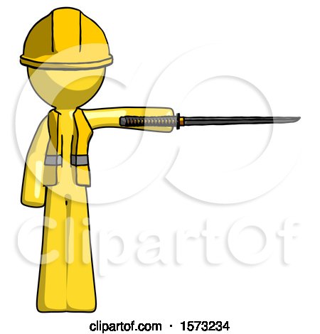 Yellow Construction Worker Contractor Man Standing with Ninja Sword Katana Pointing Right by Leo Blanchette
