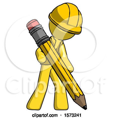 Yellow Construction Worker Contractor Man Writing with Large Pencil by Leo Blanchette