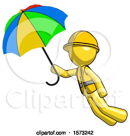 Yellow Construction Worker Contractor Man Flying with Rainbow Colored Umbrella by Leo Blanchette