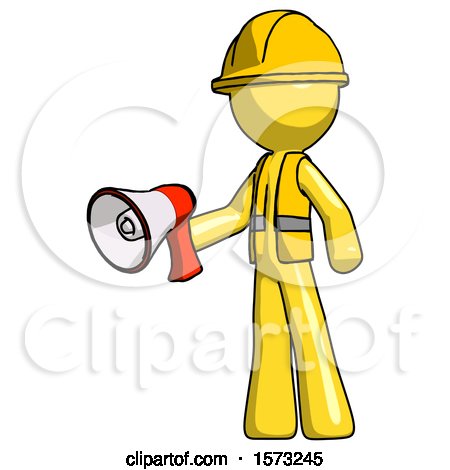 Yellow Construction Worker Contractor Man Holding Megaphone Bullhorn Facing Right by Leo Blanchette