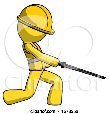 Yellow Construction Worker Contractor Man with Ninja Sword Katana Slicing or Striking Something by Leo Blanchette