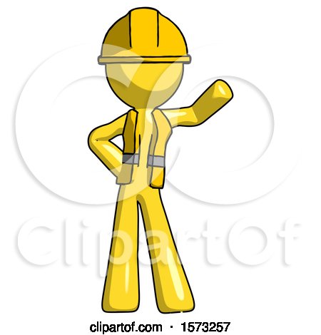 Yellow Construction Worker Contractor Man Waving Left Arm with Hand on Hip by Leo Blanchette