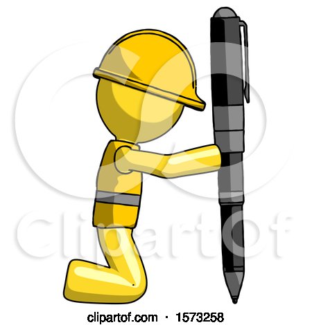 Yellow Construction Worker Contractor Man Posing with Giant Pen in Powerful yet Awkward Manner. by Leo Blanchette