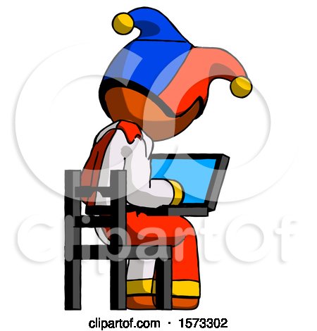 Orange Jester Joker Man Using Laptop Computer While Sitting in Chair View from Back by Leo Blanchette