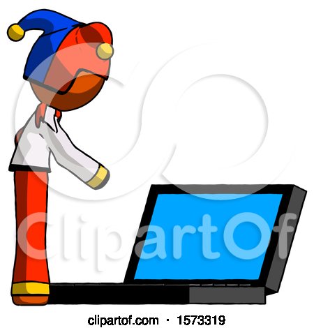 Orange Jester Joker Man Using Large Laptop Computer Side Orthographic View by Leo Blanchette