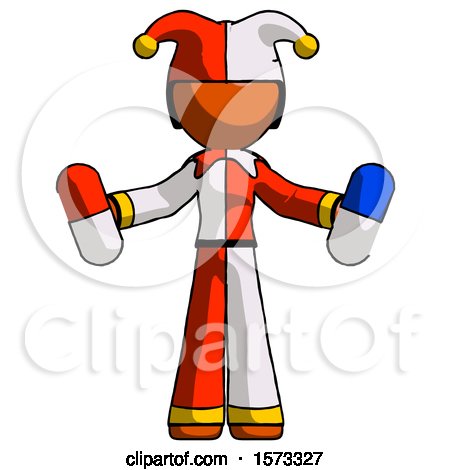 Orange Jester Joker Man Holding a Red Pill and Blue Pill by Leo Blanchette