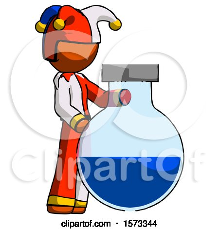 Orange Jester Joker Man Standing Beside Large Round Flask or Beaker by Leo Blanchette
