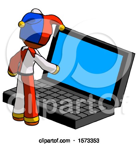 Orange Jester Joker Man Using Large Laptop Computer by Leo Blanchette