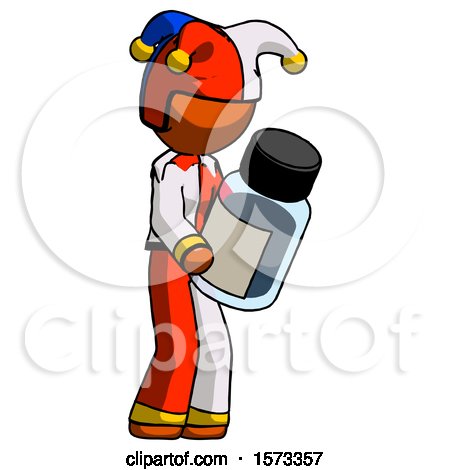 Orange Jester Joker Man Holding Glass Medicine Bottle by Leo Blanchette