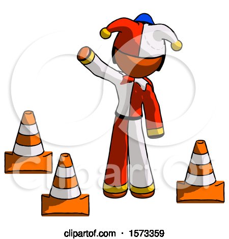 Orange Jester Joker Man Standing by Traffic Cones Waving by Leo Blanchette