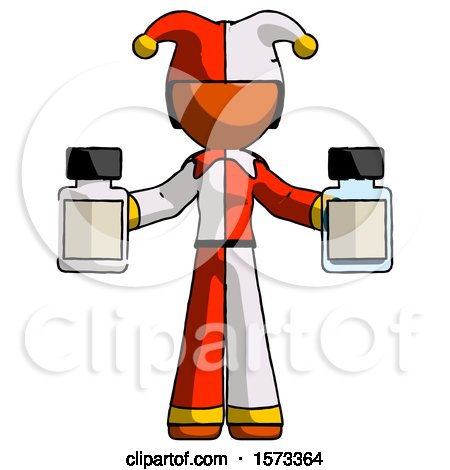 Orange Jester Joker Man Holding Two Medicine Bottles by Leo Blanchette
