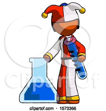 Orange Jester Joker Man Holding Test Tube Beside Beaker or Flask by Leo Blanchette