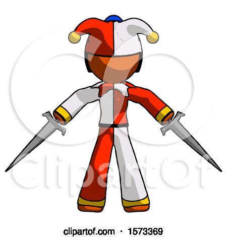 Orange Jester Joker Man Two Sword Defense Pose by Leo Blanchette