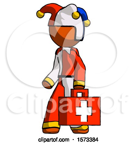 Orange Jester Joker Man Walking with Medical Aid Briefcase to Left by Leo Blanchette