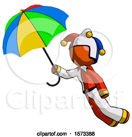 Orange Jester Joker Man Flying with Rainbow Colored Umbrella by Leo Blanchette