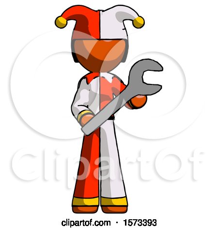 Orange Jester Joker Man Holding Large Wrench with Both Hands by Leo Blanchette