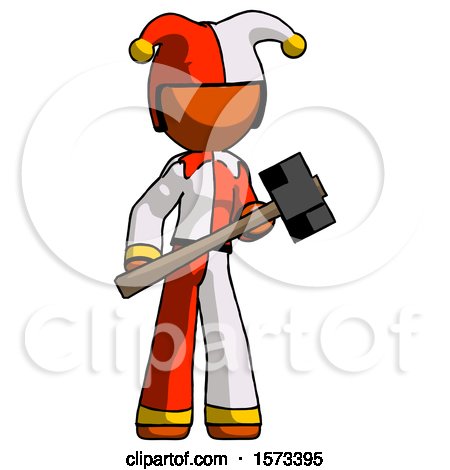 Orange Jester Joker Man with Sledgehammer Standing Ready to Work or Defend by Leo Blanchette
