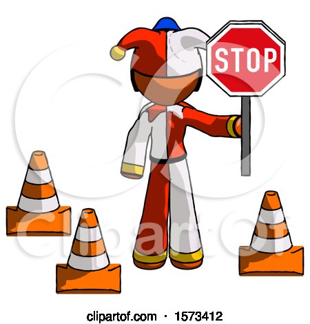 Orange Jester Joker Man Holding Stop Sign by Traffic Cones Under Construction Concept by Leo Blanchette