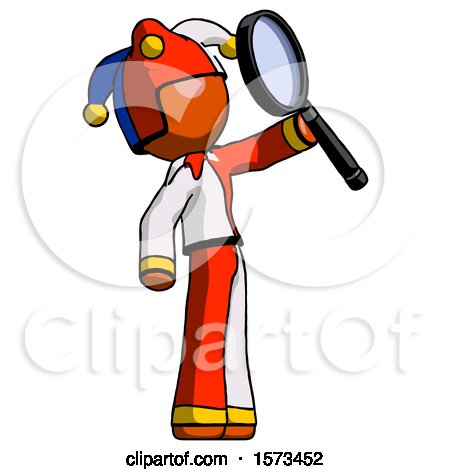 Orange Jester Joker Man Inspecting with Large Magnifying Glass Facing up by Leo Blanchette