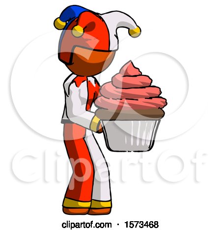 Orange Jester Joker Man Holding Large Cupcake Ready to Eat or Serve by Leo Blanchette