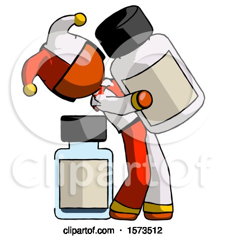 Orange Jester Joker Man Holding Large White Medicine Bottle with Bottle in Background by Leo Blanchette