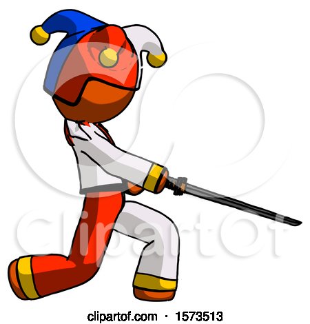 Orange Jester Joker Man with Ninja Sword Katana Slicing or Striking Something by Leo Blanchette