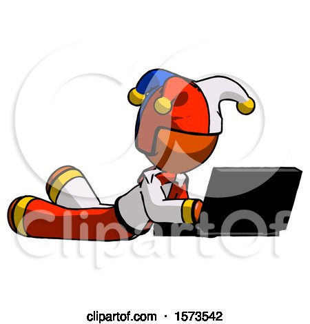 Orange Jester Joker Man Using Laptop Computer While Lying on Floor Side Angled View by Leo Blanchette