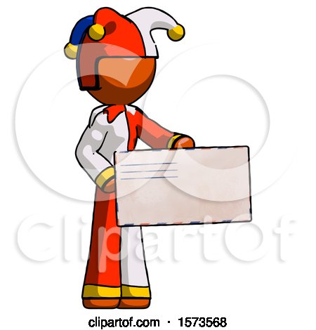 Orange Jester Joker Man Presenting Large Envelope by Leo Blanchette