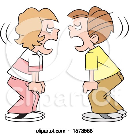 Clipart of a Cartoon Boy and Girl During a Stand Off, Yelling at Each Other - Royalty Free Vector Illustration by Johnny Sajem