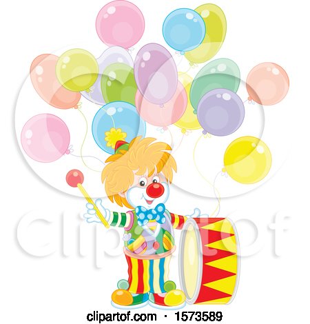 Clipart of a Cute Clown with a Drum and Balloons - Royalty Free Vector Illustration by Alex Bannykh