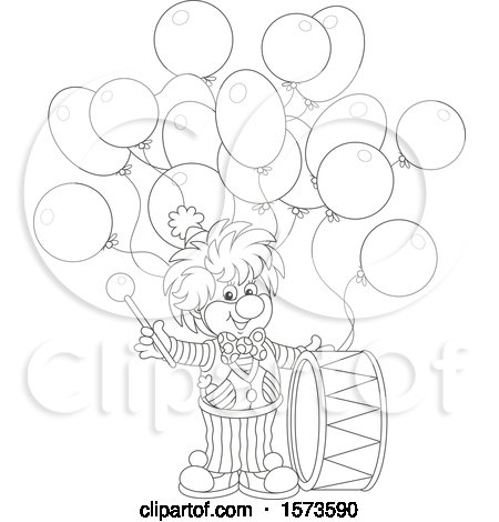 Clipart of a Lineart Cute Clown with a Drum and Party Balloons - Royalty Free Vector Illustration by Alex Bannykh