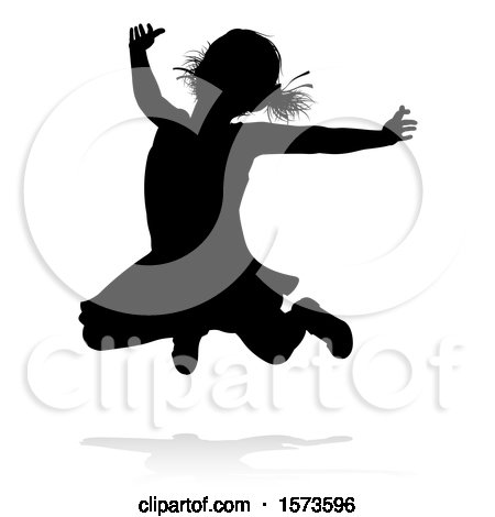 Clipart of a Silhouetted Girl Jumping, with a Reflection or Shadow, on a White Background - Royalty Free Vector Illustration by AtStockIllustration