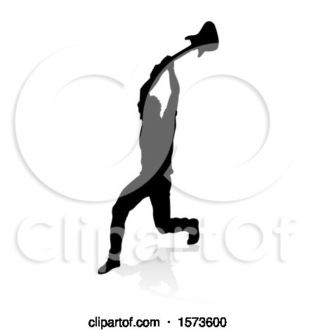 Clipart of a Silhouetted Male Guitarist Smashing His Guitar, with a Reflection or Shadow, on a White Background - Royalty Free Vector Illustration by AtStockIllustration