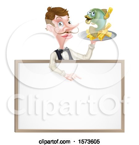 Clipart of a White Male Waiter with a Curling Mustache, Holding Fish and a Chips on a Tray and Pointing down over a Menu - Royalty Free Vector Illustration by AtStockIllustration